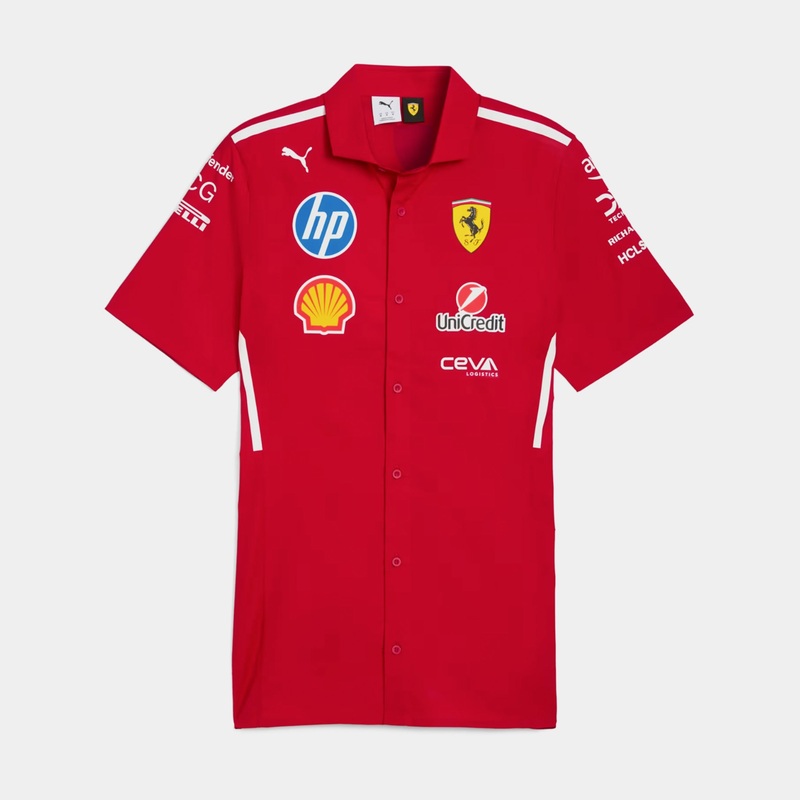 Scuderia Ferrari 2025 Team Mens Short Sleeve Shirt (Dark Cherry/White)
