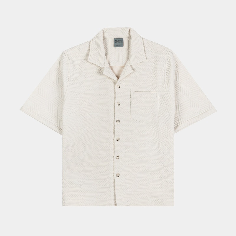Jacquard Knit Button Up Mens Short Sleeve Shirt (Beige)