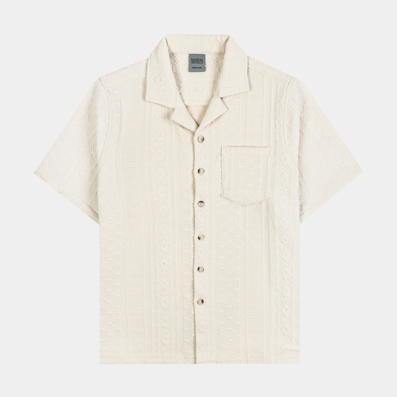 Ornate Jacquard Button Up Mens Short Sleeve Shirt (Beige)