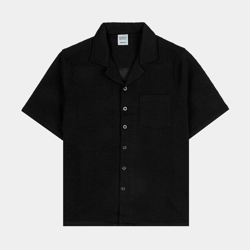 Ornate Jacquard Button Up Mens Short Sleeve Shirt (Black)