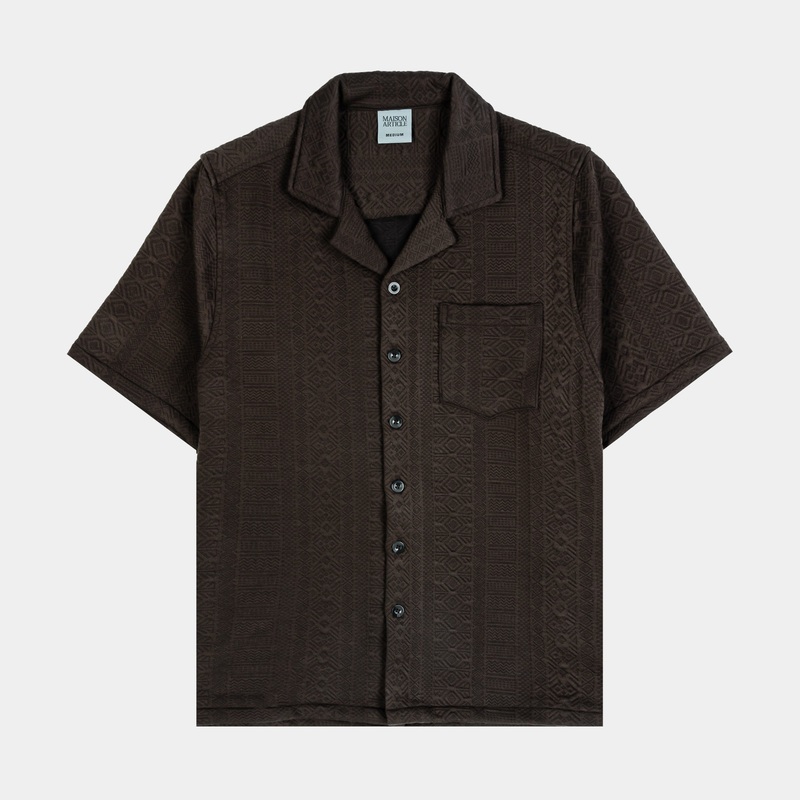 Ornate Jacquard Button Up Mens Short Sleeve Shirt (Brown)