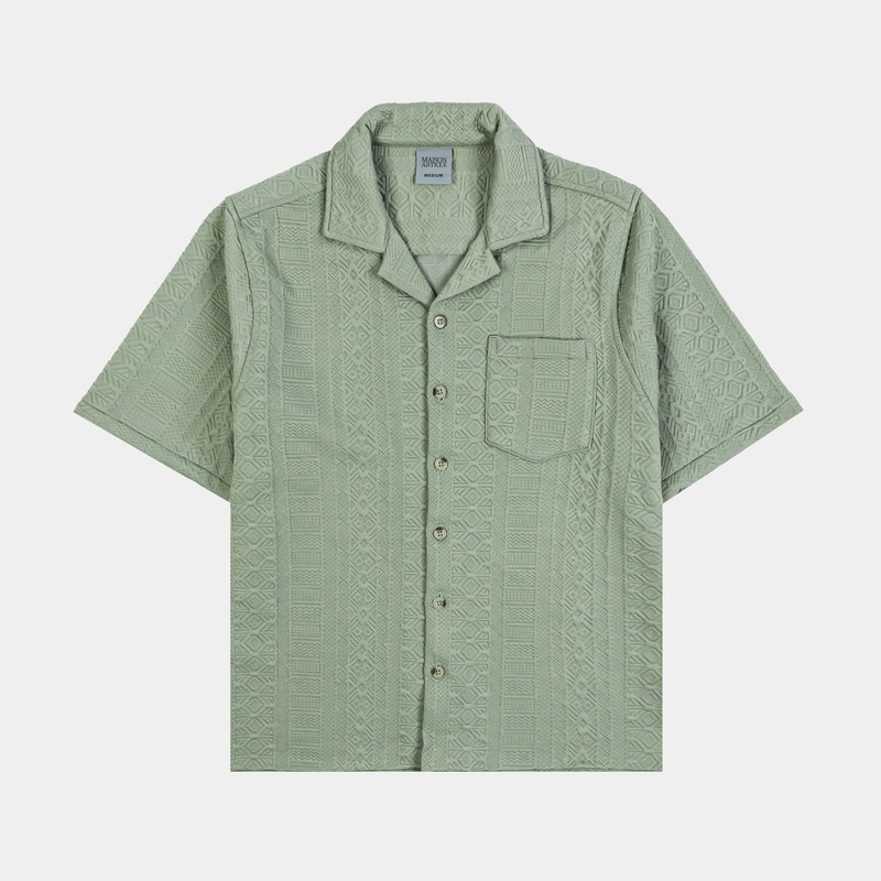 Ornate Jacquard Button Up Mens Short Sleeve Shirt (Green)