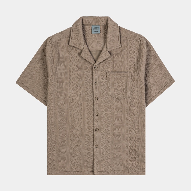 Ornate Jacquard Button Up Mens Short Sleeve Shirt (Taupe)