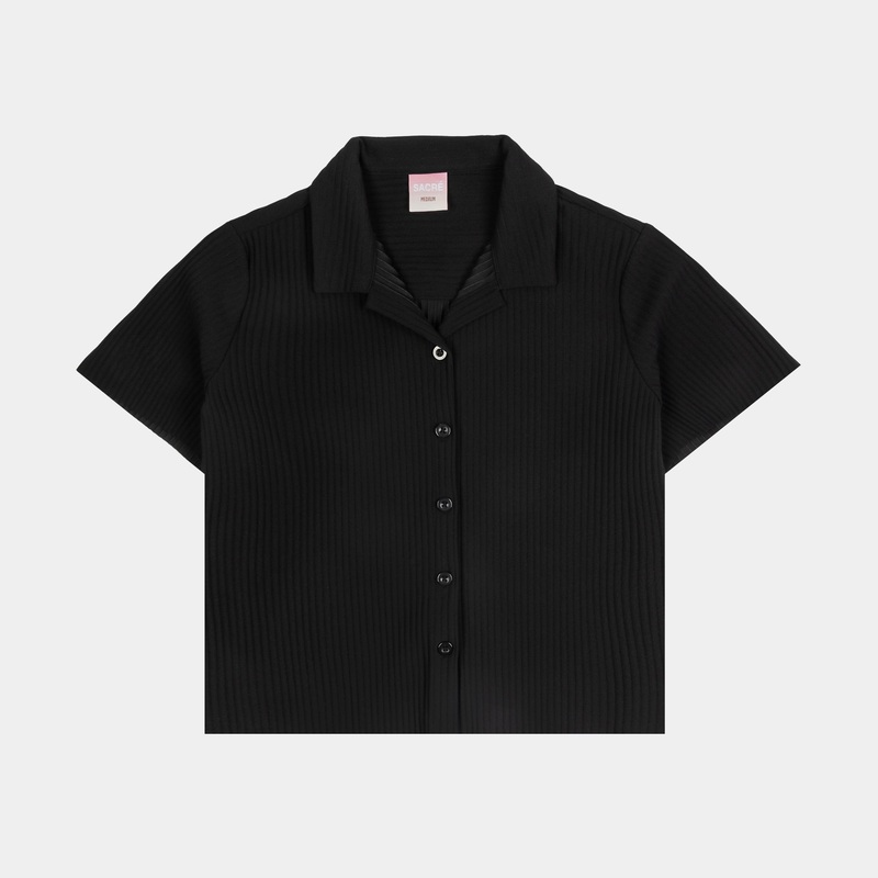 Pleated Button Up Womens Short Sleeve Shirt (Black)