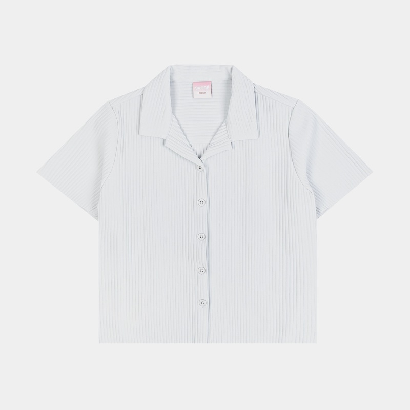 Pleated Button Up Womens Short Sleeve Shirt (Blue)