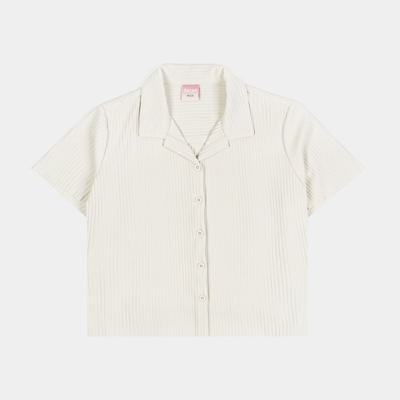 Pleated Button Up Womens Short Sleeve Shirt (Cream)