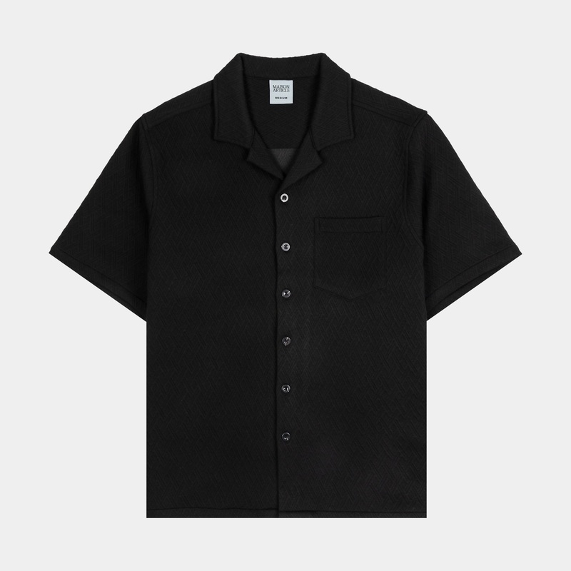 Trellis Jacquard Knit Button Up Mens Short Sleeve Shirt (Black)