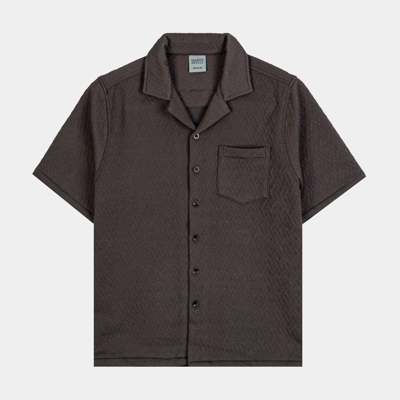 Trellis Jacquard Knit Button Up Mens Short Sleeve Shirt (Grey)