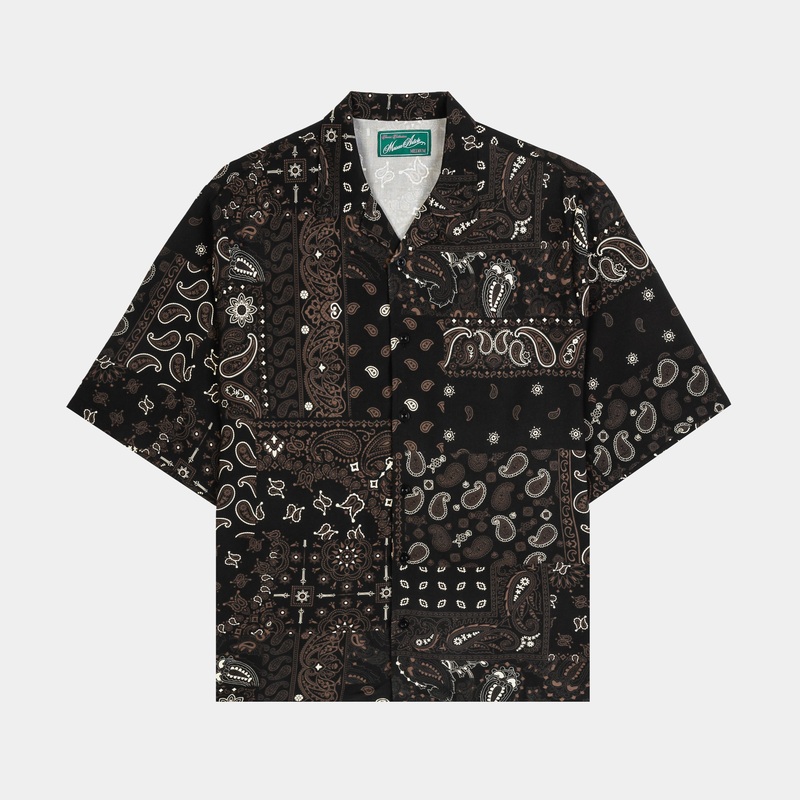 Black Paisley Rayon Button Up Mens Short Sleeve Shirt (Black/Brown)
