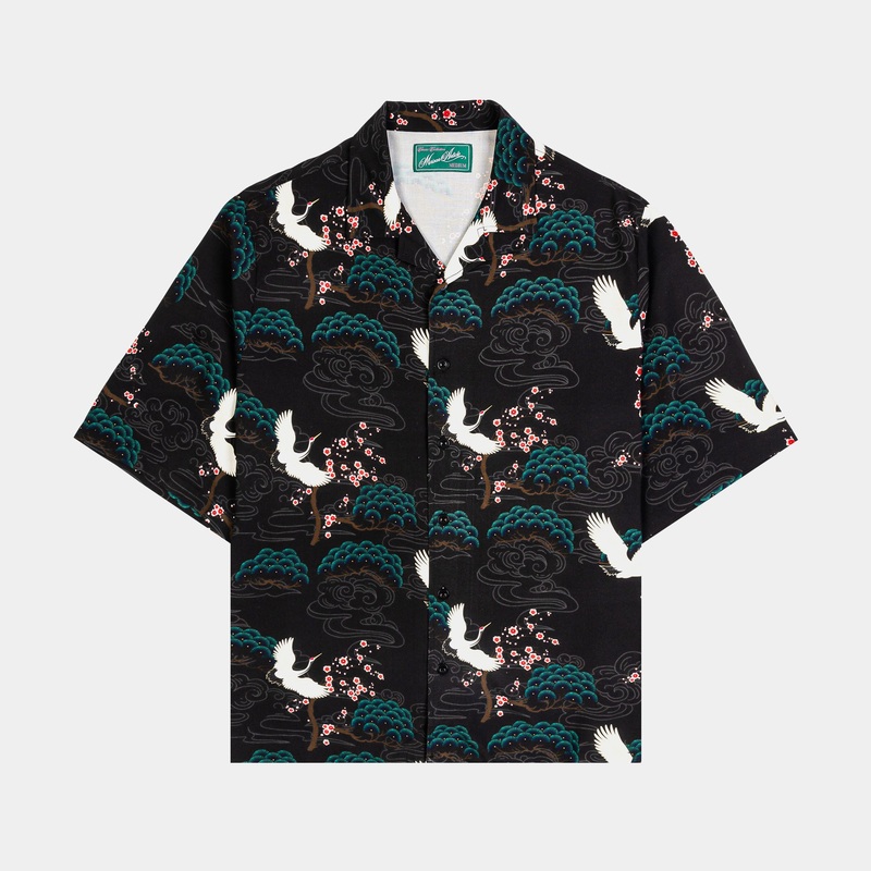Crane Blossom Button Up Mens Short Sleeve Shirt (Black/Green)