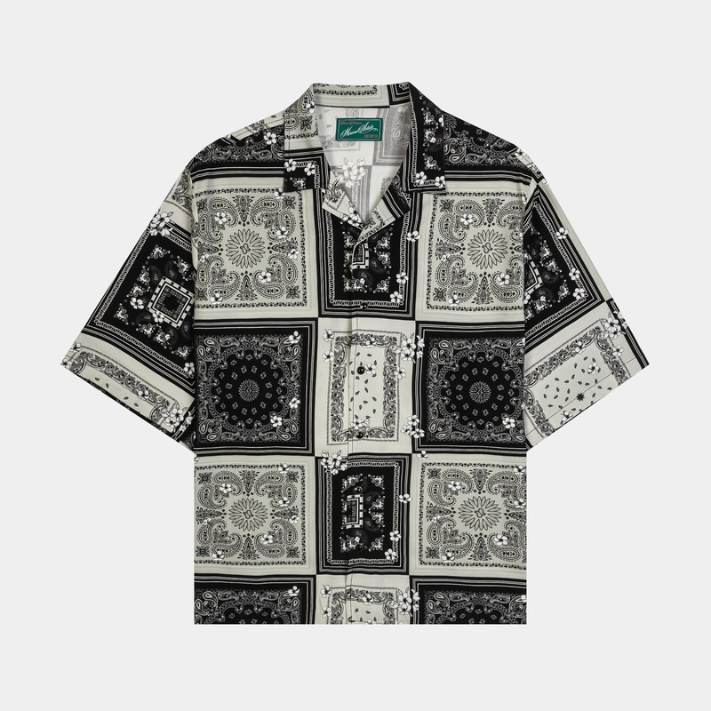 Plumeria Paisley Rayon Button Up Mens Short Sleeve Shirt (Black/Grey)