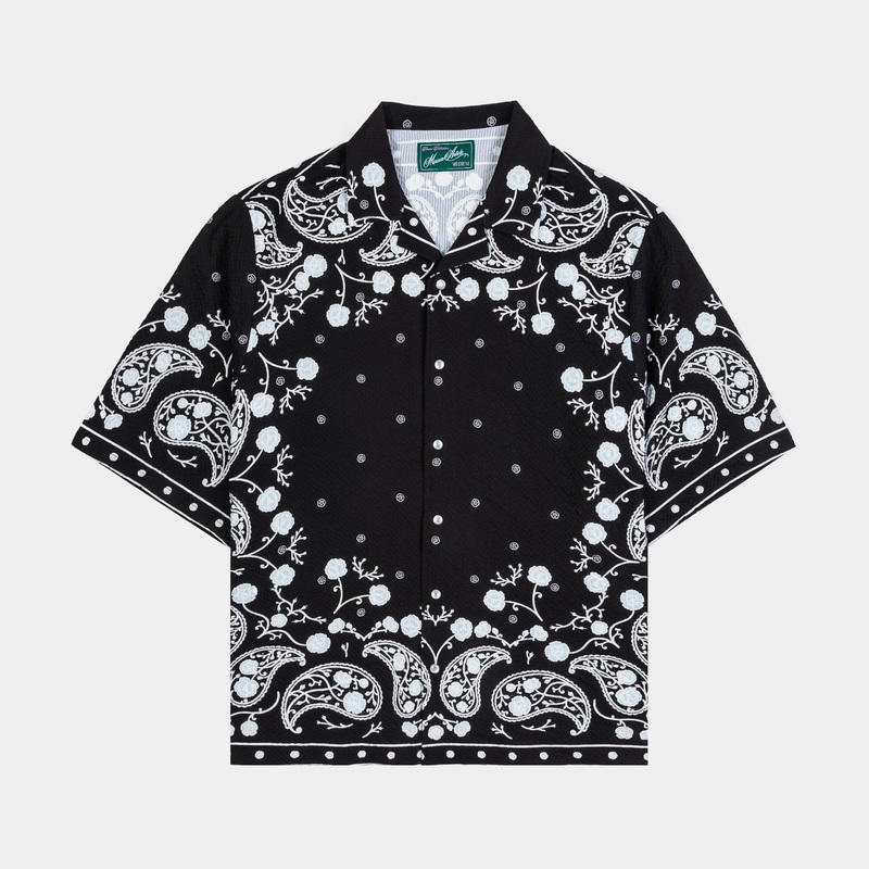 Rose Paisley Button Up Mens Short Sleeve Shirt (Black)
