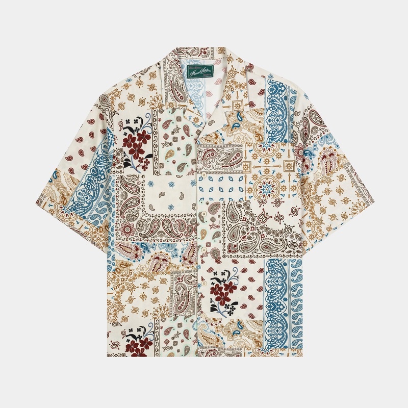 Rose Paisley Rayon Button Up Mens Short Sleeve Shirt (Tan/Red)