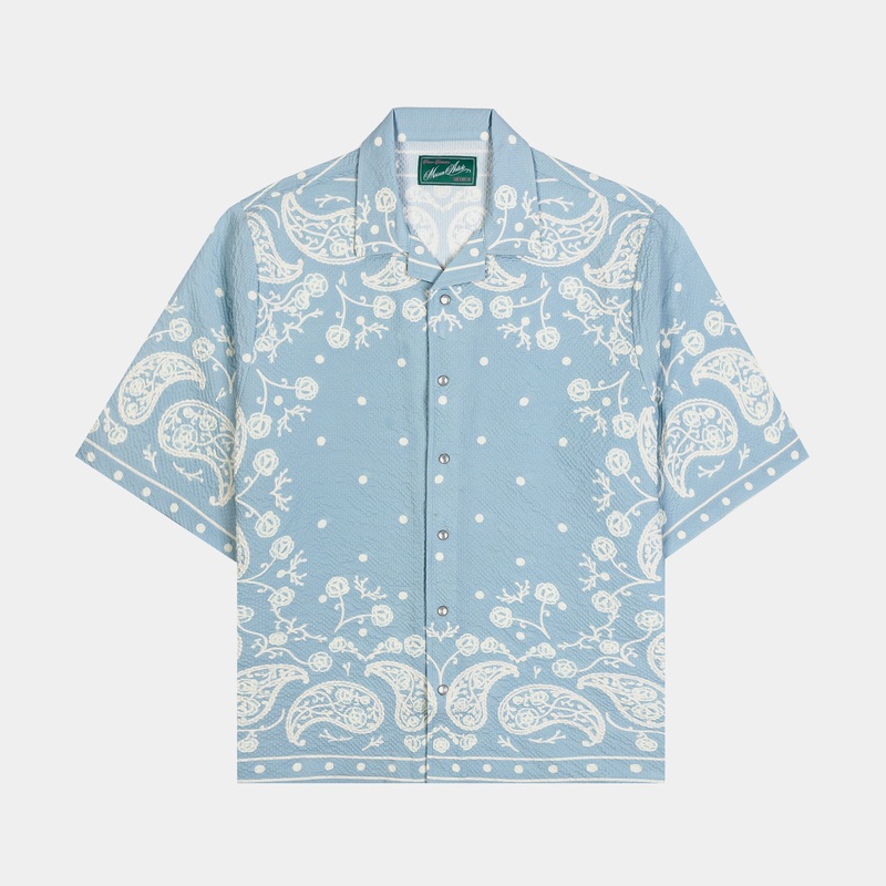 Sky Blue Paisley Button Up Mens Short Sleeve Shirt (Blue/White)
