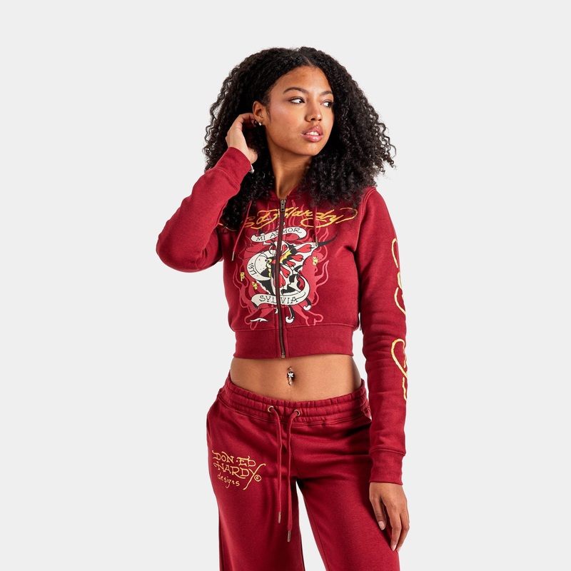 Amor Butterfly Full Zip Womens Hoodie (Burgundy/Black)