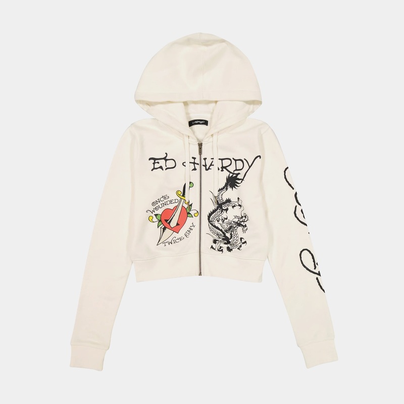 Dagger Heart Cropped Full Zip Womens Hoodie (Beige/Black)