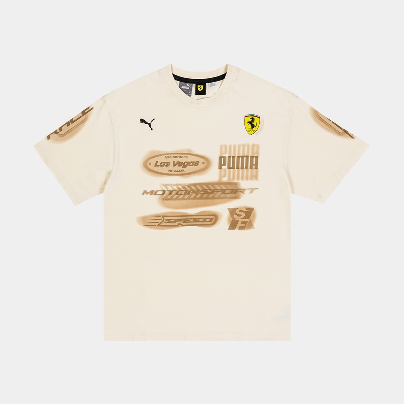 Desert Sun Scuderia Ferrari Race Graphic Mens Short Sleeve Shirt (Beige/Grey)