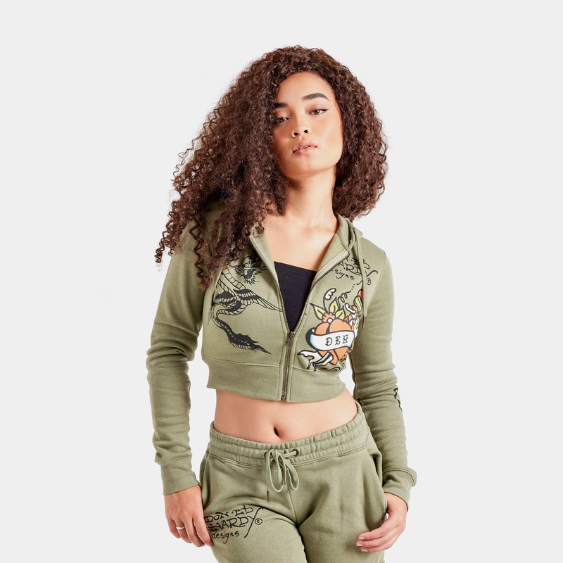 Dragon Dagger Full Zip Womens Hoodie (Olive/Black)