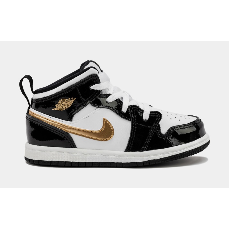 Air Jordan 1 Retro Mid SE Patent Black Gold Infant Toddler Lifestyle Shoes (Black/Gold)