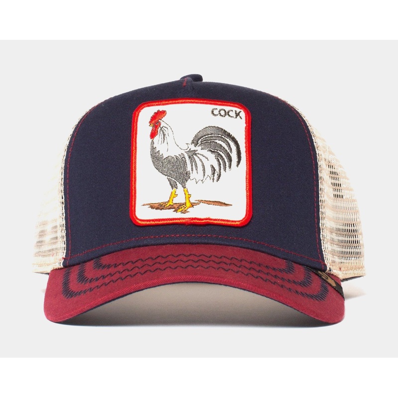 Rooster Trucker Mens Hat (Navy Blue/Red/White)