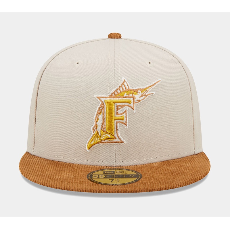 Miami Marlins Corduroy Visor 59FIFTY Mens Fitted Hat (White/Brown)