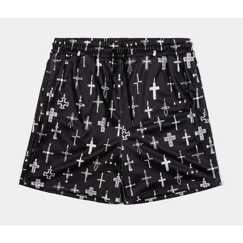 All Over Print Crosses Mesh Mens Shorts (Black/Grey)
