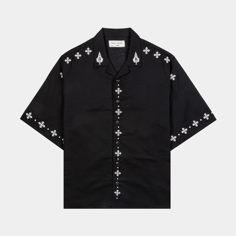 Crosses Cotton Button Up Mens Short Sleeve Shirt (Black/White)
