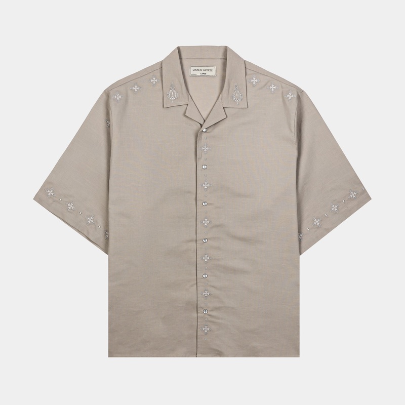 Embroidered Crosses Cotton Button Up Mens Short Sleeve Shirt (Grey)