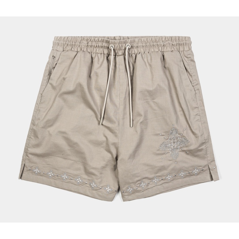 Embroidered Crosses Cotton Mens Shorts (Beige/Blue)