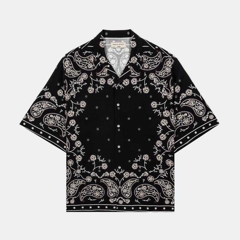 Rose Paisley Rayon Button Up Mens Short Sleeve Shirt (Beige/Black)