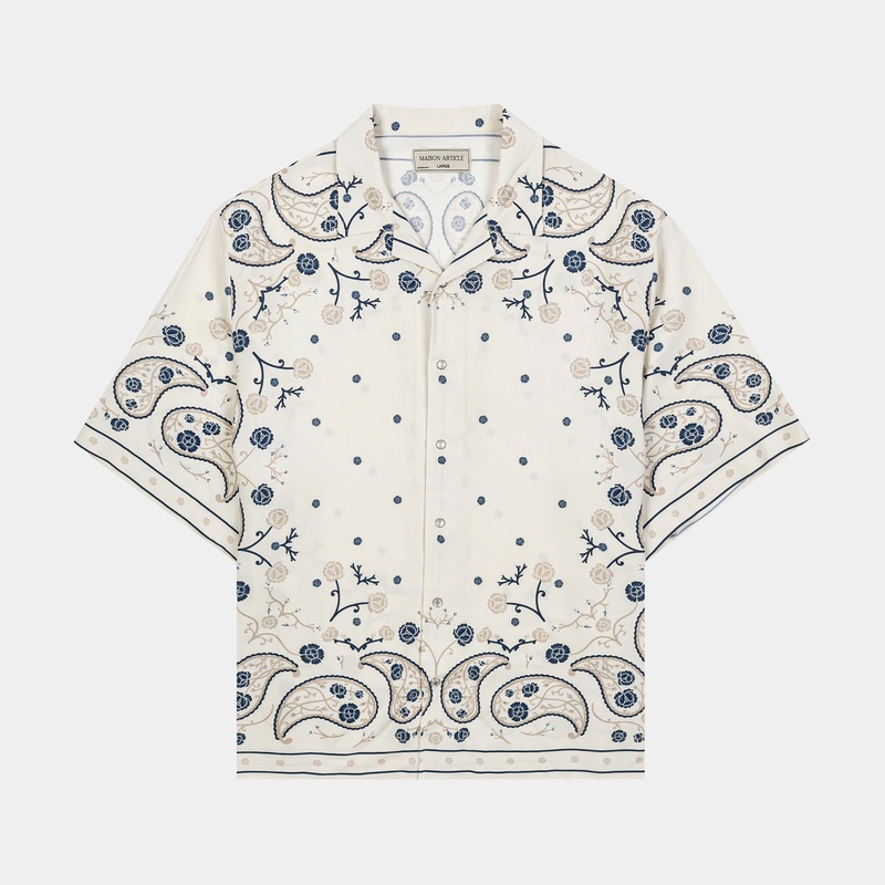 Rose Paisley Rayon Button Up Mens Short Sleeve Shirt (Beige/Navy)