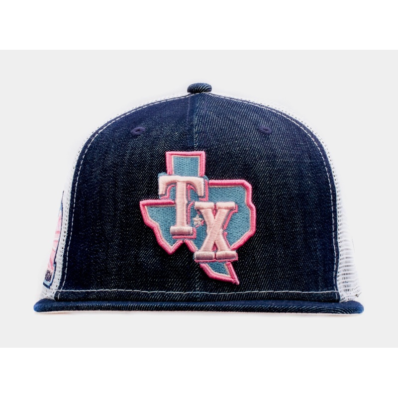 Exclusive Denim Trucker Texas Rangers 9Fifty Mens Snapback Hat (Blue/Pink)