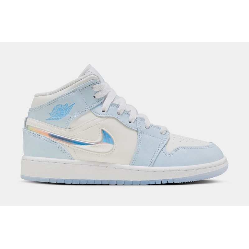Air Jordan 1 Mid SE Glitter Swoosh Grade School Lifestyle Shoes (Blue/White)