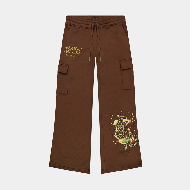 Koi Fish Fleece Cargo Womens Sweatpants (Brown/Yellow)
