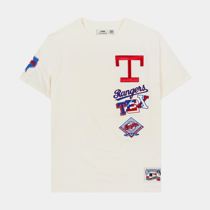 Texas Rangers Retro Ringer Mens Short Sleeve Shirt (Beige/Blue)