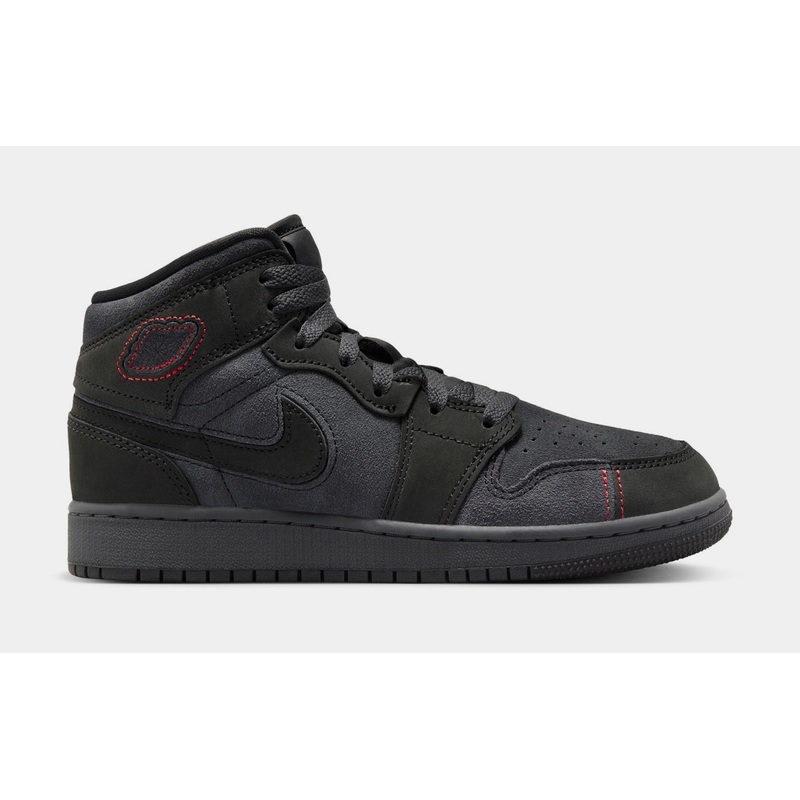 Air Jordan 1 Mid SE Craft Grade School Basketball Shoes (Smoke Grey/Black/Varsity Red)