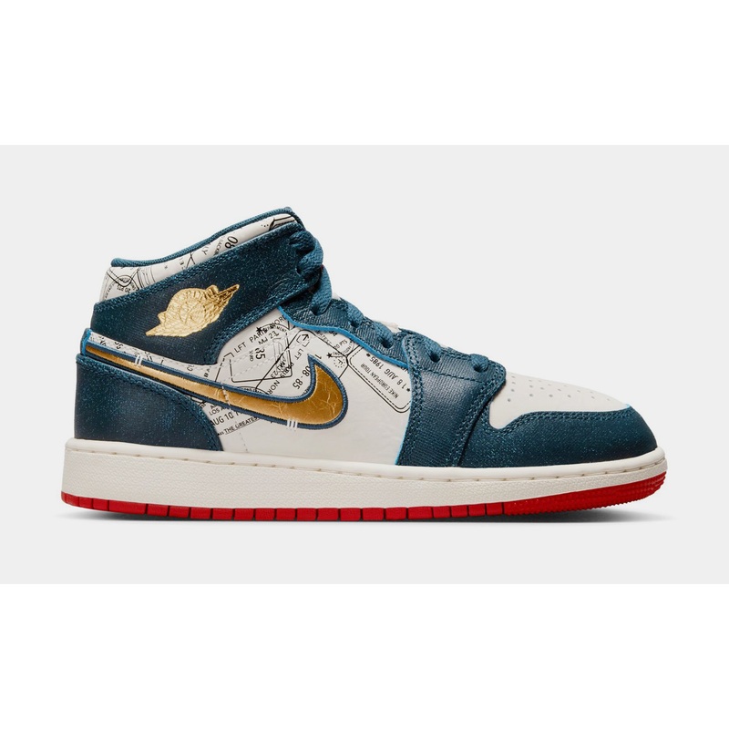 Air Jordan 1 Retro Mid SE Grade School Lifestyle Shoes (Armory Navy/Metallic Gold/Pale Ivory)