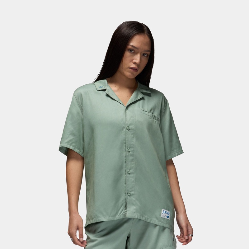 Twill Button Up Womens Short Sleeve Shirt (Jade Smoke/Industrial Blue)