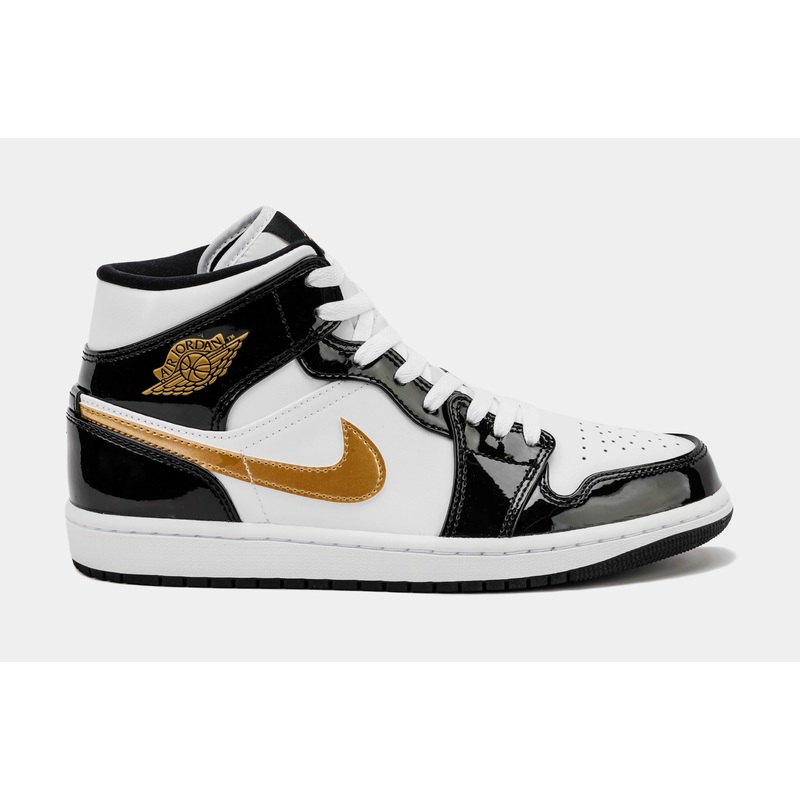 Air Jordan 1 Retro Mid SE Patent Black Gold Mens Lifestyle Shoes (Black/Gold)