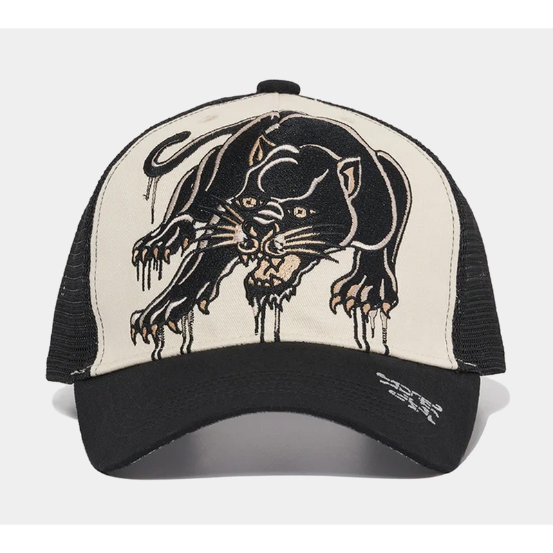 Crouching Panther Trucker Mens Hat (Black/Beige)