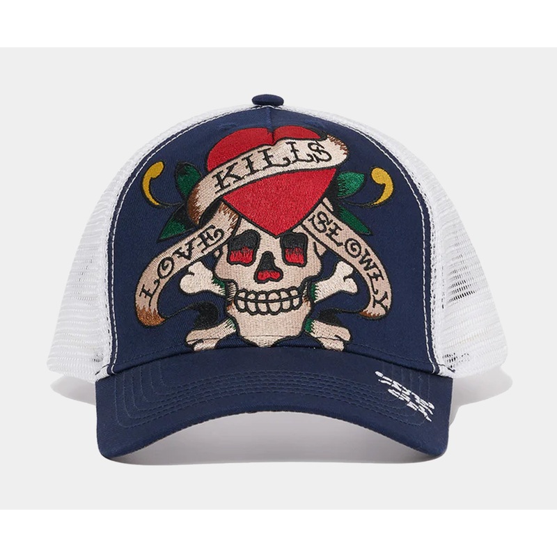 Heart Skull Trucker Mens Hat (Navy/White)