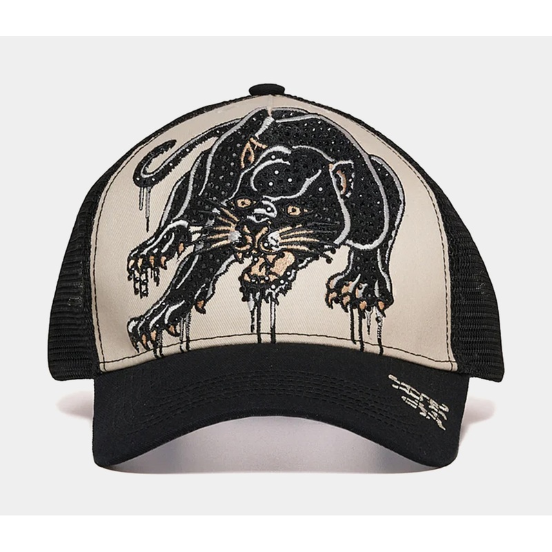 Rhinestone Crouching Panther Trucker Mens Hat (Black/Beige)