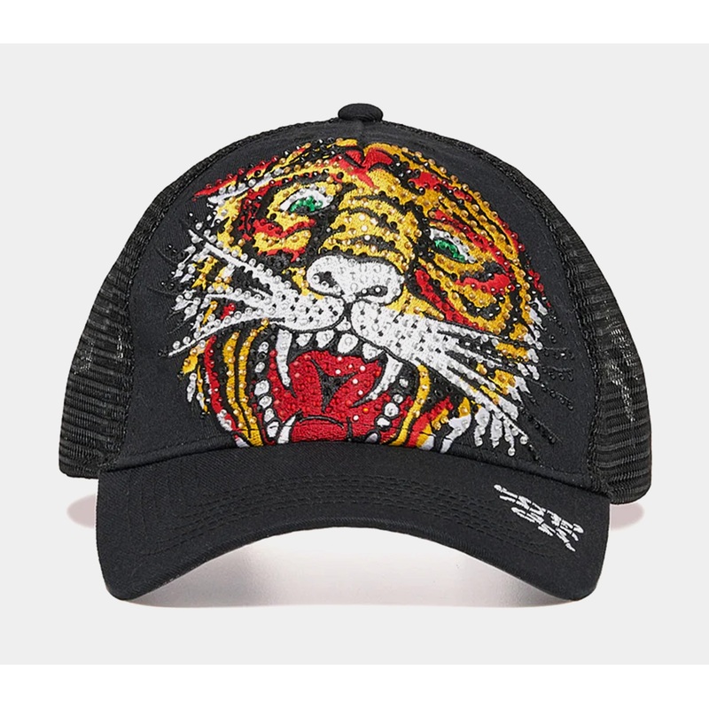 Rhinestone Tiger Trucker Mens Hat (Black/Yellow)