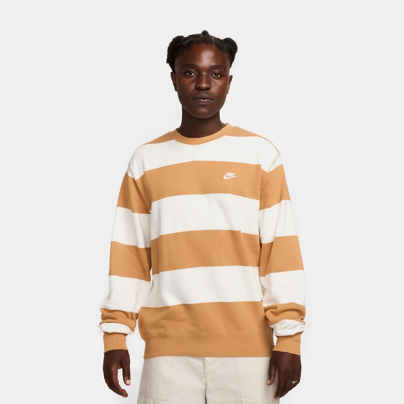 Club Fleece Striped Heavyweight Mens Crewneck (Brown/White)