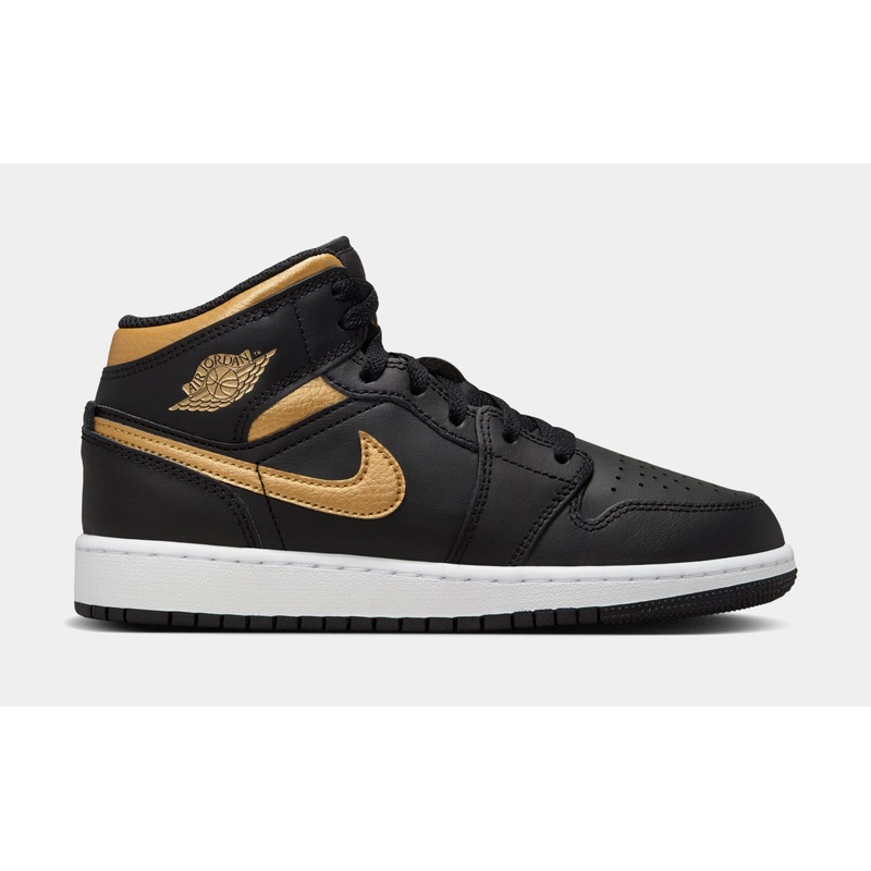 Air Jordan 1 Mid Grade School Lifestyle Shoes (Black/White/Metallic Gold)