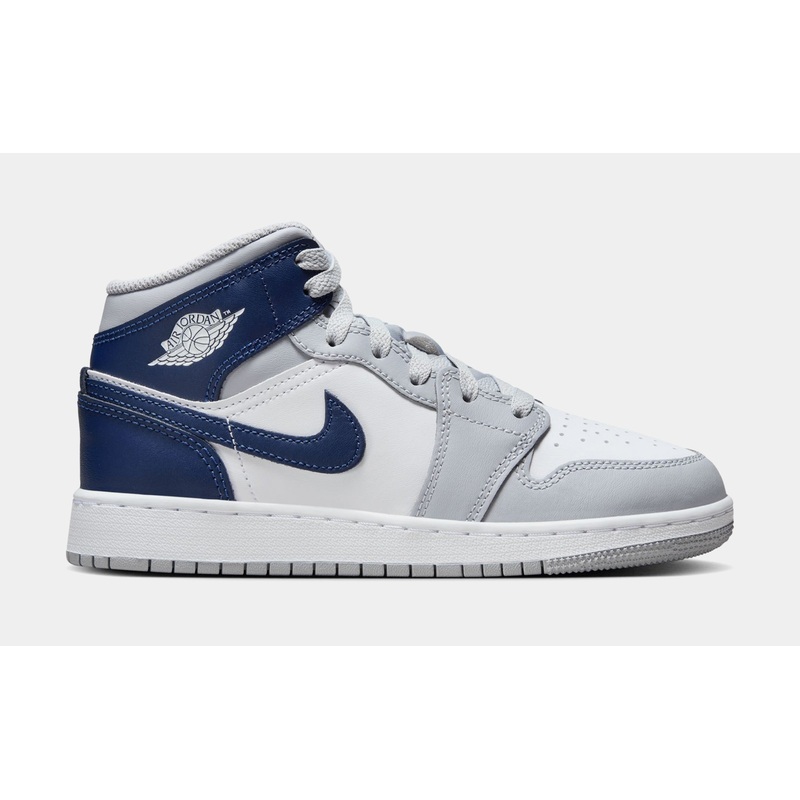 Air Jordan 1 Retro Mid Grade School Lifestyle Shoes (White/Wolf Grey/Midnight Navy)
