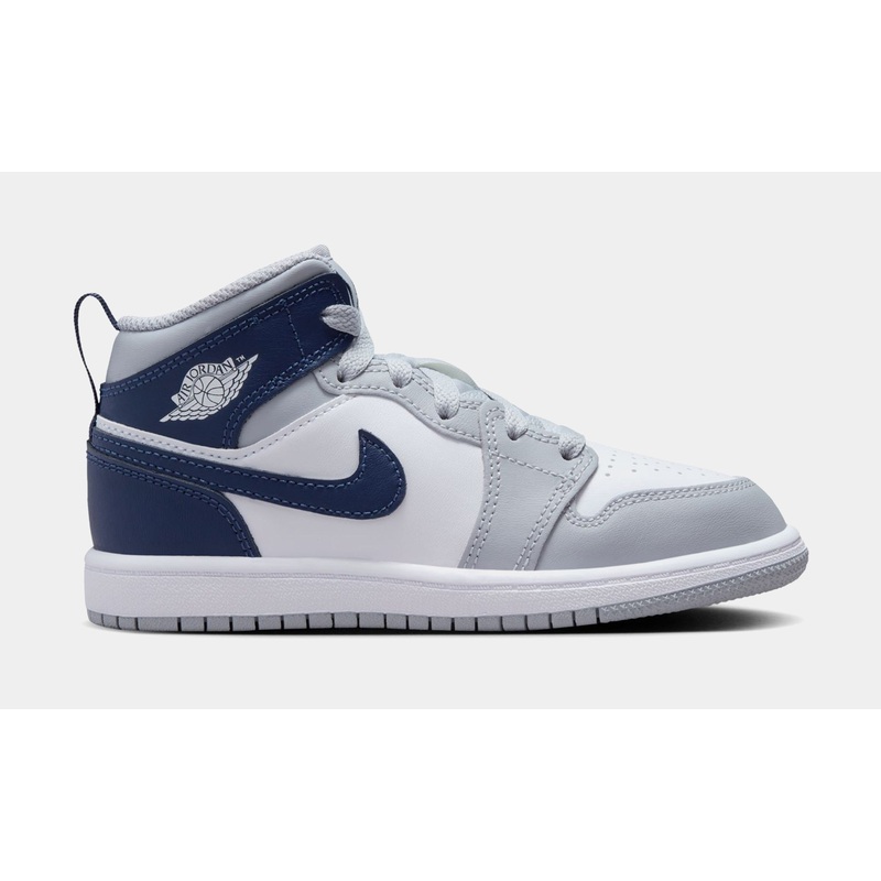 Air Jordan 1 Retro Mid Wolf Grey Midnight Navy Preschool Basketball Shoes (White/Wolf Grey/Midnight Navy)