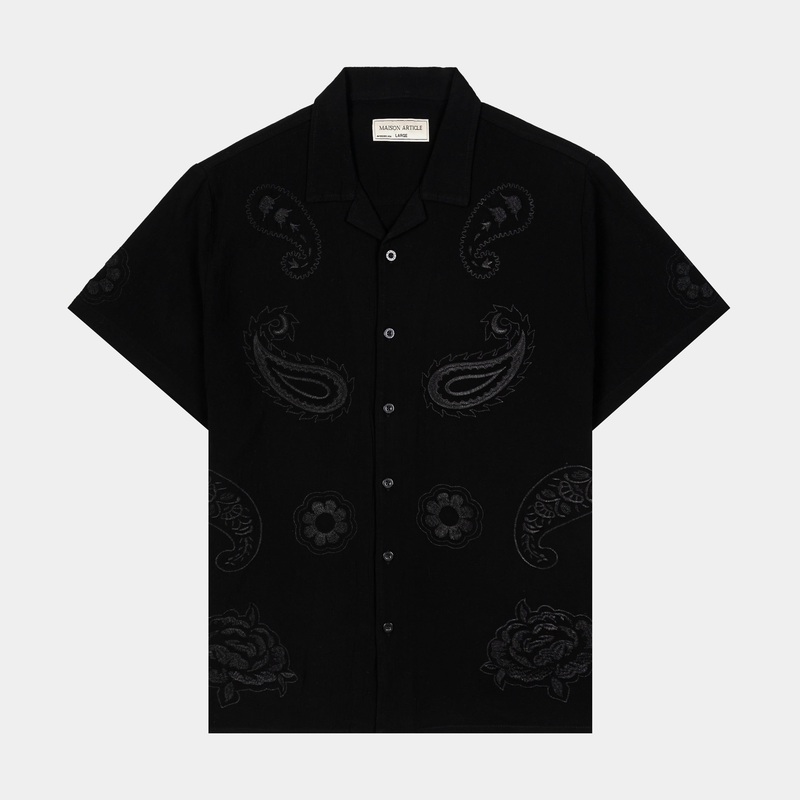 Floral Paisley Linen Mens Short Sleeve Shirt (Black)