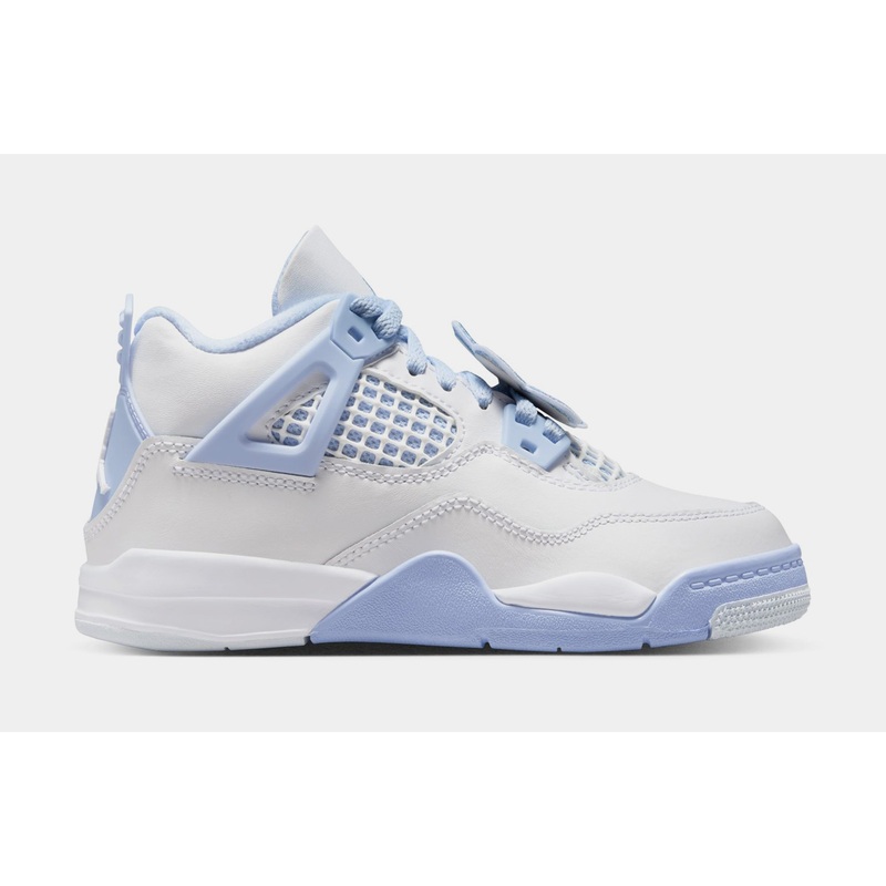 Air Jordan 4 Retro Aluminum Preschool Lifestyle Shoes (White/Aluminum Blue/Tint Oil Green)