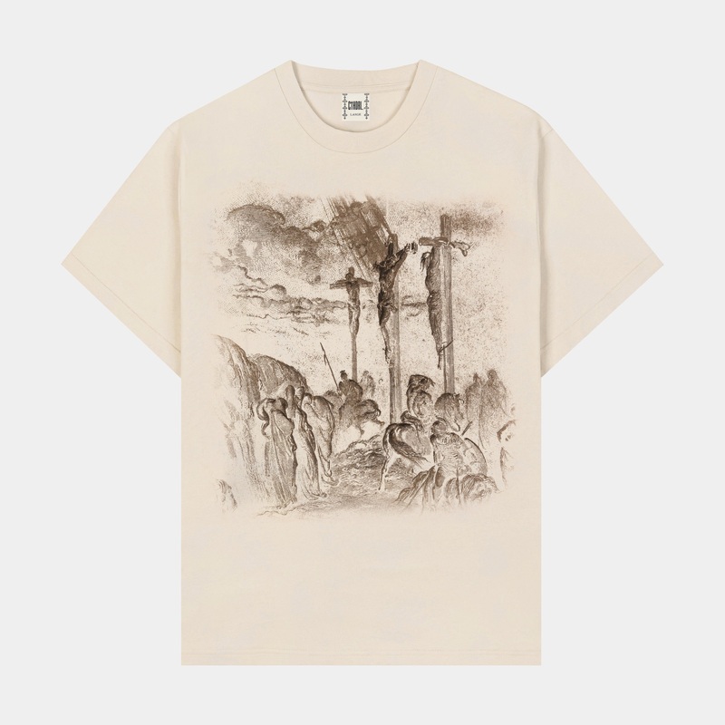 Crucifix Mens Short Sleeve Shirt (Beige/Brown)